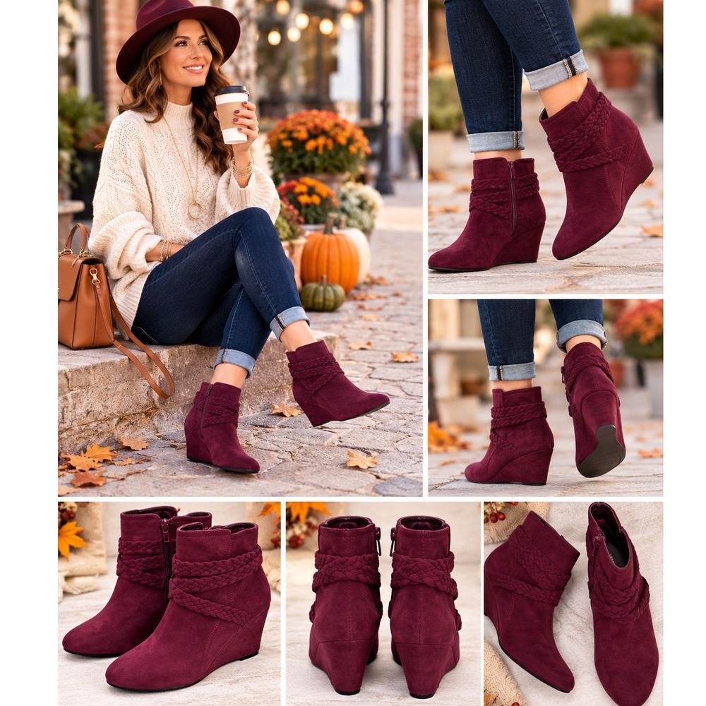 Report Burgundy Faux Suede Braided Wedge Ankle Booties Women's Size 7.5